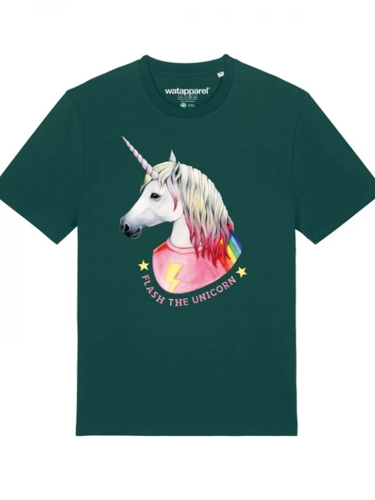 Foto van product Watapparel Shirt ' Flash, the unicorn ' donkergroen / gemengde kleuren