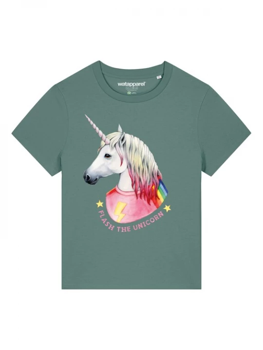 Foto van product Watapparel Shirt 'Flash, the unicorn' geel / groen / rosa / zwart / wit