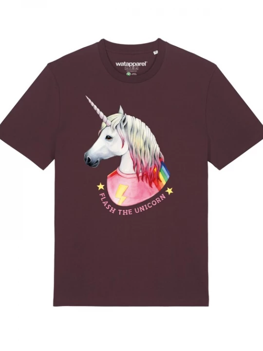 Foto van product Watapparel Shirt ' Flash, the unicorn ' gemengde kleuren / donkerrood