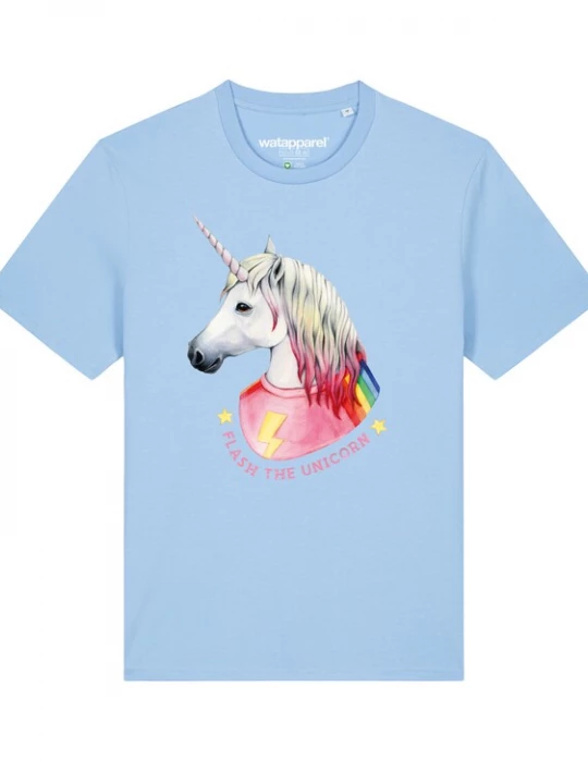 Foto van product Watapparel Shirt ' Flash, the unicorn ' lichtblauw / gemengde kleuren