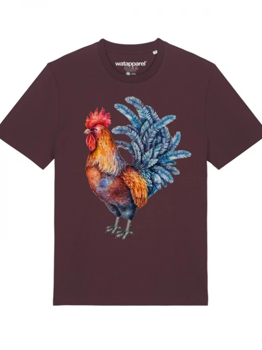 Foto van product Watapparel Shirt 'Grimmiger Gockel' blauw / oranje / bordeaux / zwart