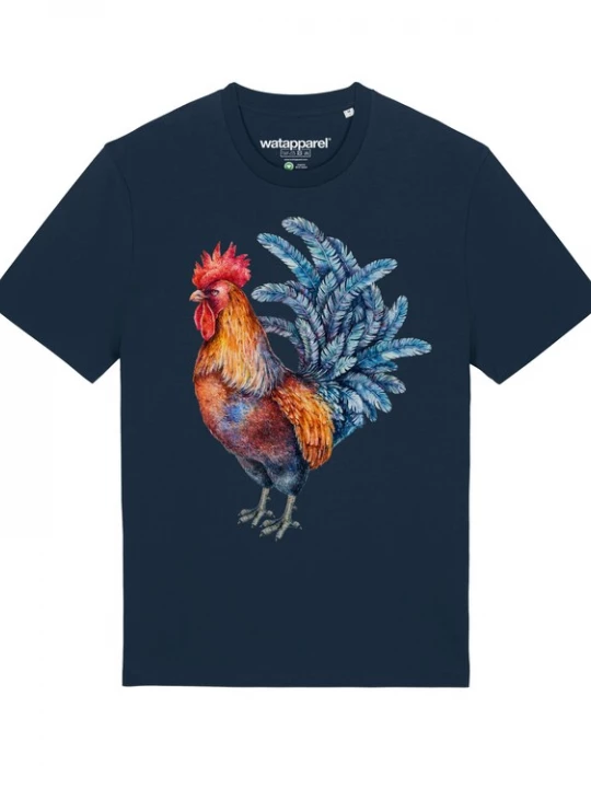Foto van product Watapparel Shirt 'Grimmiger Gockel' donkerblauw / oranje / rood / zwart