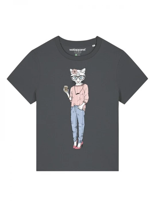 Foto van product Watapparel Shirt 'Hipster Cat with Moustache' donkergrijs / gemengde kleuren