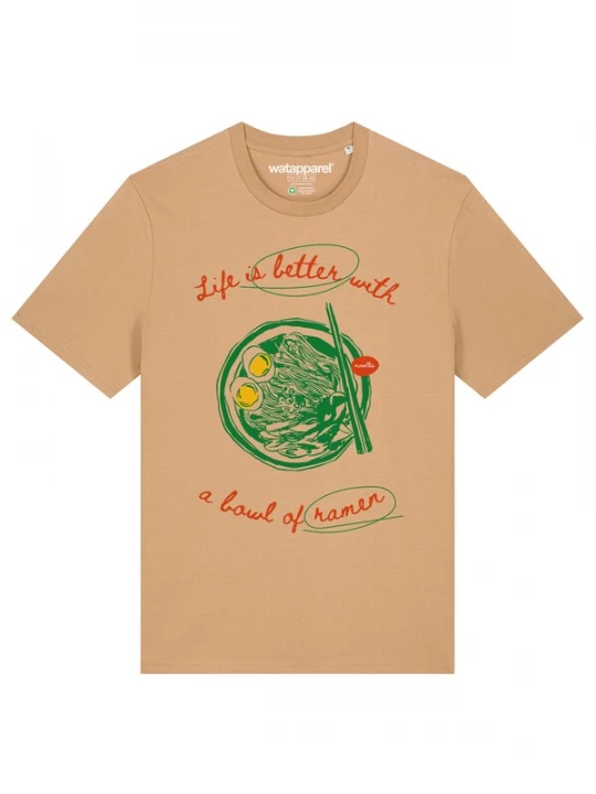 Foto van product Watapparel Shirt 'Life Is Better With Ramen' camel / geel / groen / rood