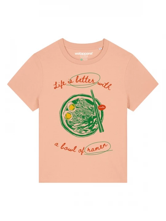 Foto van product Watapparel Shirt 'Life Is Better With Ramen' donkergeel / groen / abrikoos / kreeft