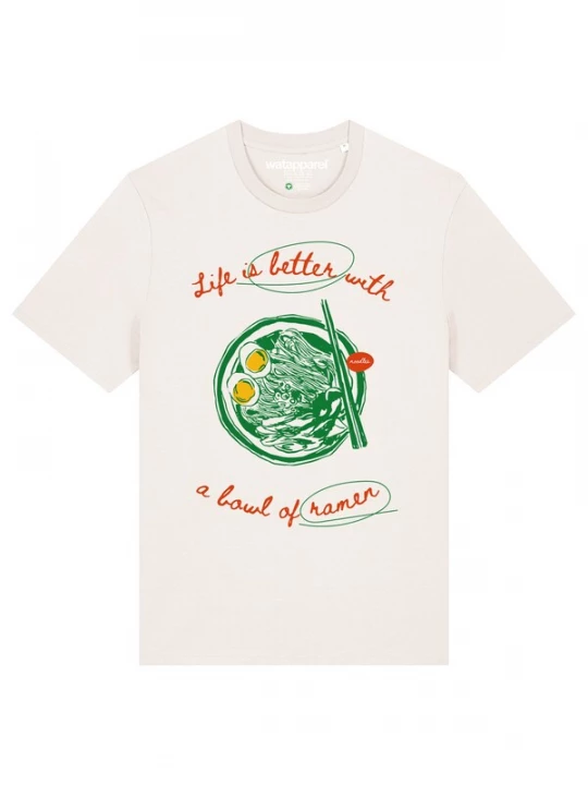 Foto van product Watapparel Shirt 'Life Is Better With Ramen' geel / groen / kreeft / wit