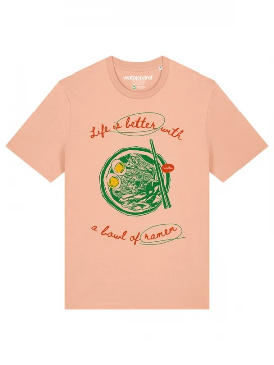 Foto van product Watapparel Shirt 'Life Is Better With Ramen' geel / groen / oranje / abrikoos