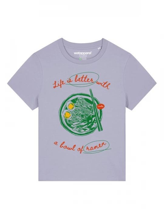 Foto van product Watapparel Shirt 'Life Is Better With Ramen' geel / limoen / sering / rood