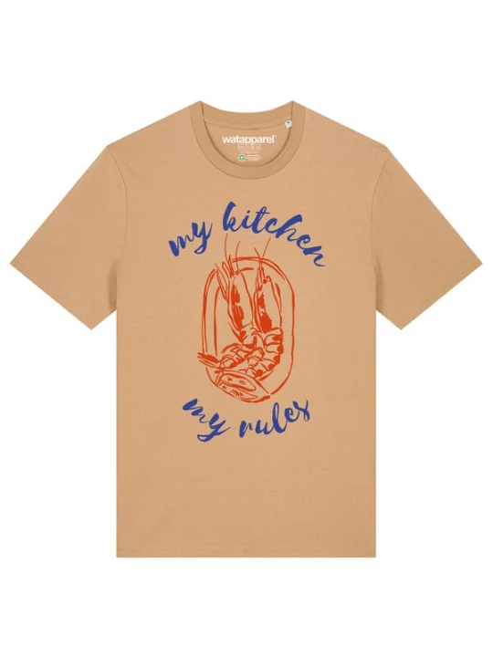 Foto van product Watapparel Shirt 'My Kitchen My Rules' lichtbeige / blauw / oranje