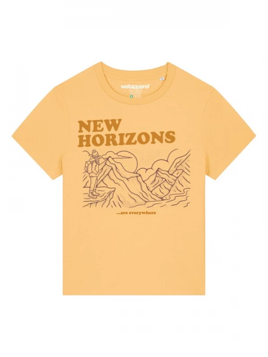 Foto van product Watapparel Shirt 'New Horizons Are Everywhere' pueblo / lichtgeel / zwart