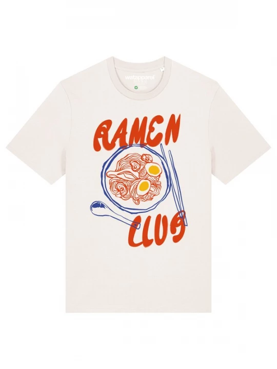 Foto van product Watapparel Shirt 'Ramen Club' enziaan / donkergeel / rood / wit