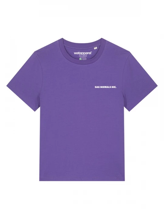 Foto van product Watapparel Shirt 'Sag Niemals Nie' lila / wit