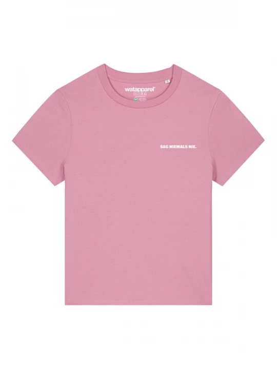 Foto van product Watapparel Shirt 'Sag Niemals Nie' rosa / wit