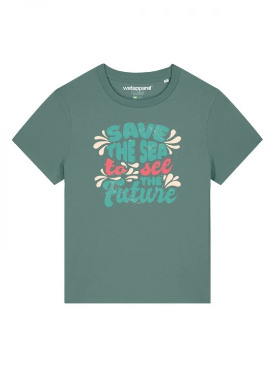 Foto van product Watapparel Shirt 'Save the sea' kaki / jade groen / pastelrood / wit