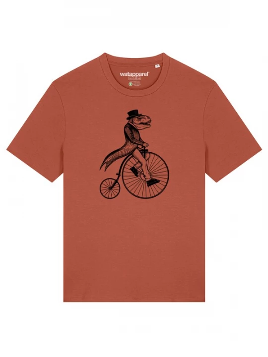 Foto van product Watapparel Shirt 'T-Rex auf Fahrrad' oranje / zwart
