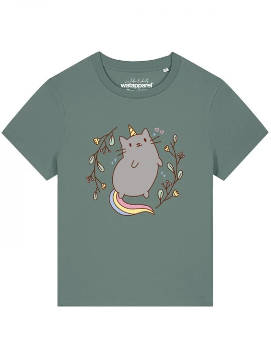 Foto van product Watapparel Shirt 'Unicorn Cat' grijs / groen