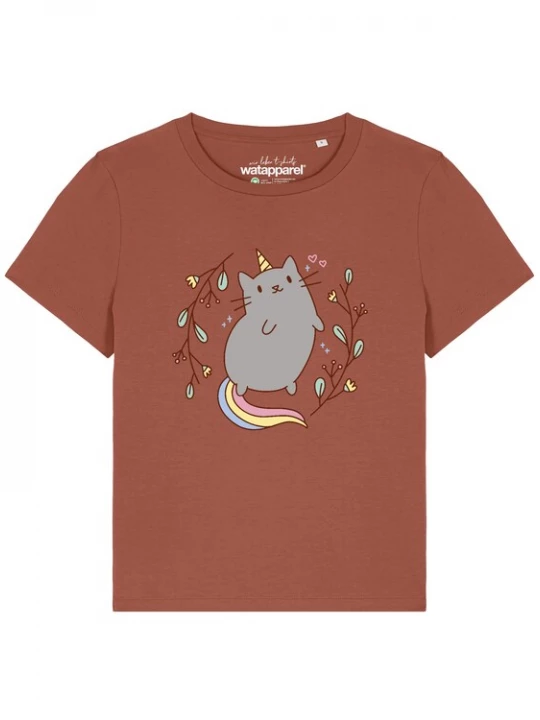 Foto van product Watapparel Shirt 'Unicorn Cat' grijs / roestrood