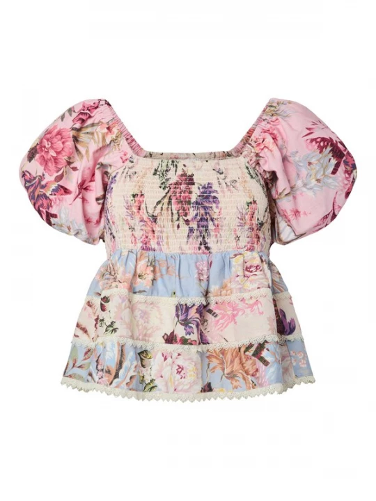 Foto van product YAS Blouse 'YASMESSA' ivoor / pastelblauw / rosa / wit