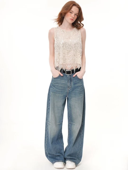 Foto van product yoligex Top 'Beaded Sequined Mesh Sleeveless Top, Irregular Pointed‑Hem Sheer Crew Neck Vest' eierschaal