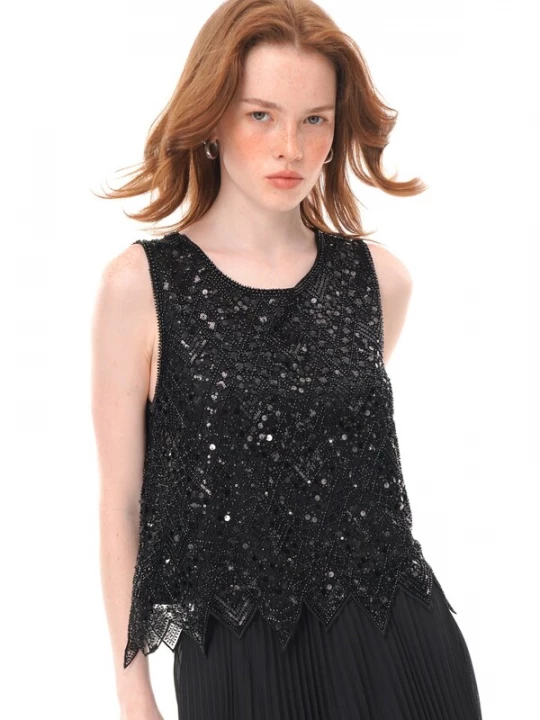 Foto van product yoligex Top 'Beaded Sequined Mesh Sleeveless Top, Irregular Pointed‑Hem Sheer Crew Neck Vest' zwart