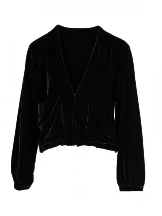Foto van product yoligex Tussenjas 'YOLIGEX Samtjacke Schwarz V-Ausschnitt mit Taschen' zwart