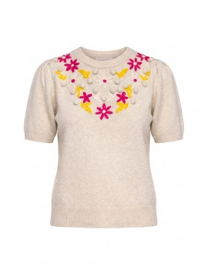 Foto van product Tantra Trui 'Jersey de manga corta con flores bordadas y frunce en el hombro (BEIGE)' beige