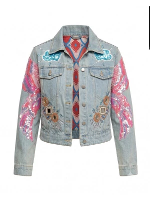 Foto van product Tantra Tussenjas 'Chaqueta denim con dibujo de mariposa bordado y lentejuelas' blauw denim