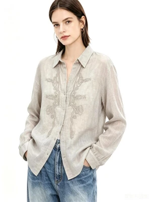 Foto van product yoligex Shirt 'Oversize-Leinenbluse mit floraler Stickerei und Perlendetails' natuurwit