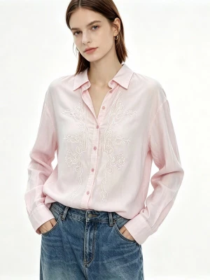 Foto van product yoligex Shirt 'Oversize-Leinenbluse mit floraler Stickerei und Perlendetails' pink