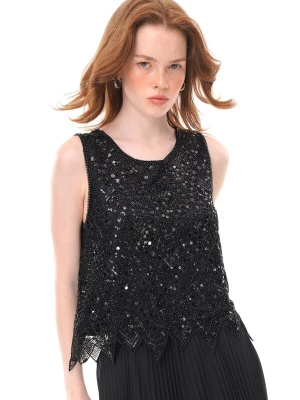 Foto van product yoligex Top 'Beaded Sequined Mesh Sleeveless Top, Irregular Pointed‑Hem Sheer Crew Neck Vest' zwart