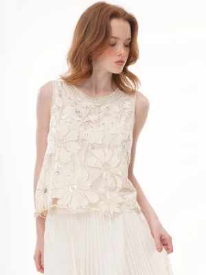 Foto van product yoligex Top 'Floral Applique Beaded Sleeveless Top, Rhinestone‑Trimmed Sheer Crew Neck Vest' eierschaal