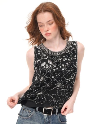 Foto van product yoligex Top 'Floral Applique Beaded Sleeveless Top, Rhinestone‑Trimmed Sheer Crew Neck Vest' zwart